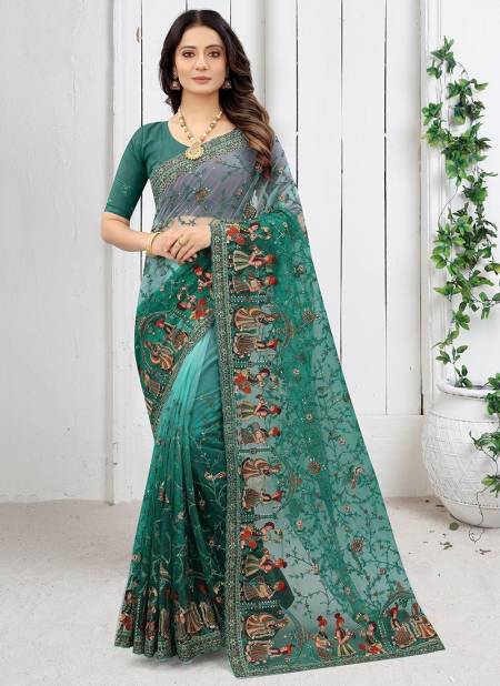Rama Colour Fancy Designer Stylish Party Wear Heavy Net Embroidery Work Saree Collection 5759